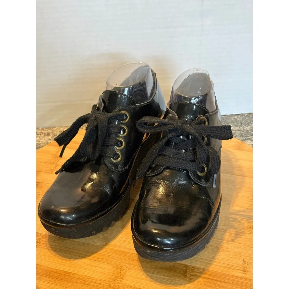 Fly London Yala Black Patent Leather Lace Wedge Platform Oxfords P500324011 40